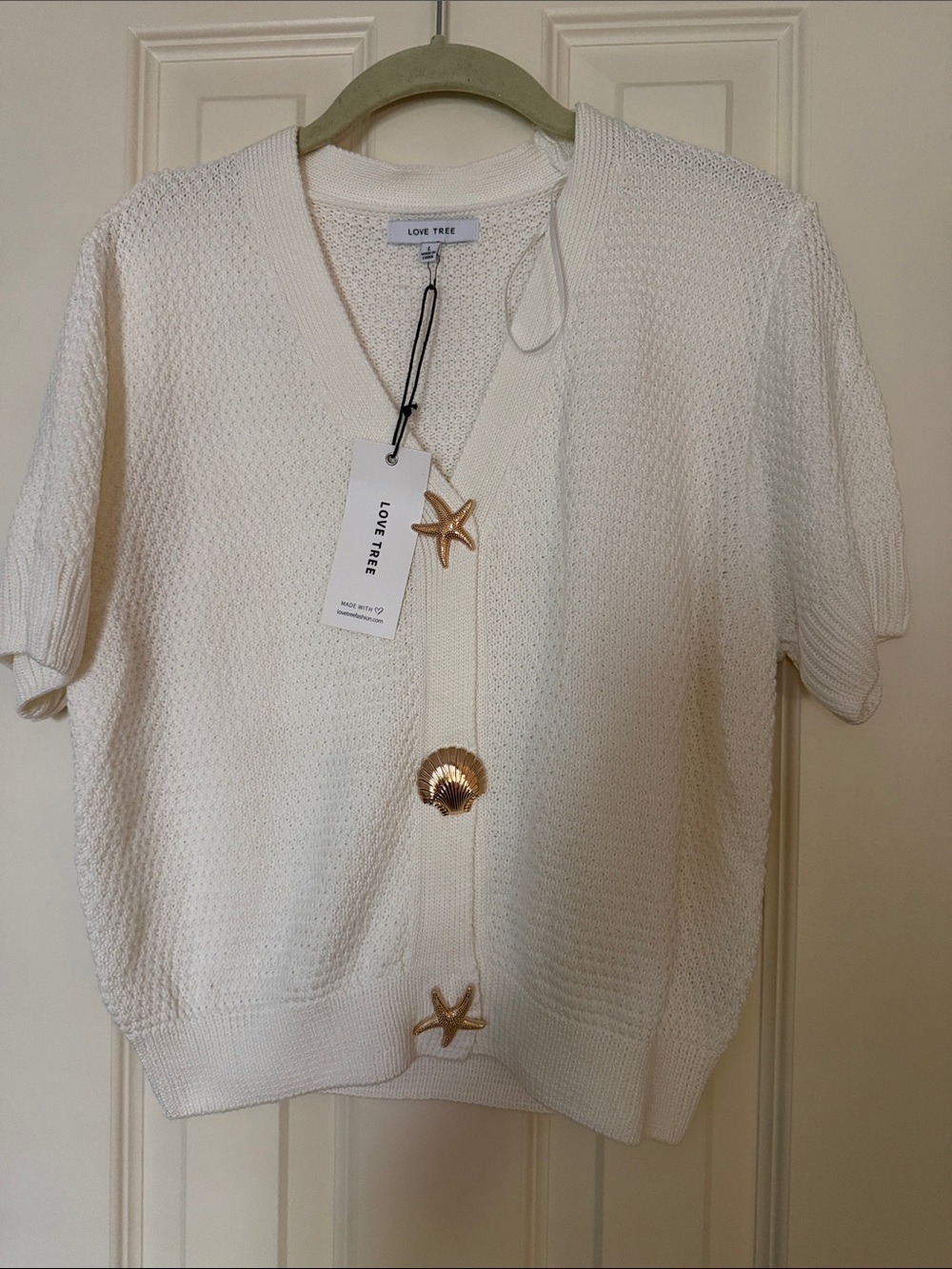 LOVE TREE Cream Short Sleeve Knit Cardigan with Gold Shell Buttons